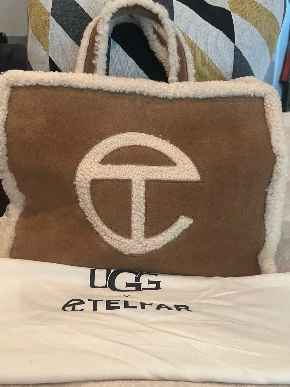 Telfar Tan Suede Tote with Cream Shearling Trim